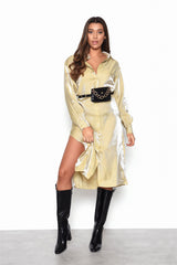 Ochre Shimmer Long Sleeve Midi Shirt Dress with Side Splits