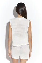 White Knit Top with Contrast Coverstitching