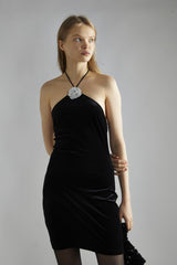 Black-Velvet Halter-Neck Rhinestone-Corsage Mini-Dress