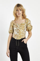 Sunflower-Brocade Square-Neck Corset-Top