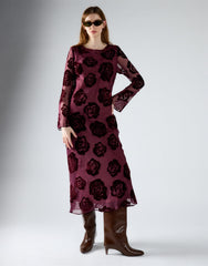 Burgundy Devore Rose Sheer Midi Dress