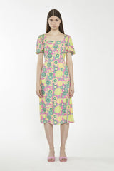 Pink-Multi-60S-Flower Square-Neck Midi-Dress