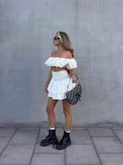Arabella Co-ord Bardot Ruffle Crop Top - Cream