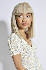 Yellow-Peach Ditsy V-Neck Mini-Dress