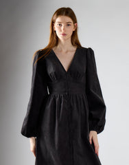 Dark Grey Corduroy V-Neck Button Midi Dress
