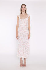 White-Base Floral Ruffle Neck Midaxi-Dress