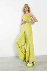 Lime-Satin Jacquard High-Waist Wide-Leg Trousers