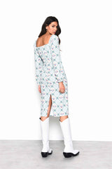 Green Floral Gingham Square Neck Midi Dress with Centre Back Split