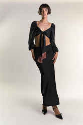 Black Tie Front Cropped Blouse Tops