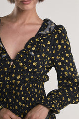 Black-Chartreuse-Ditsy Long-Sleeve-Ruffle-Trim Mini-Dress