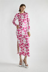 Pink Brushstroke Flowers Round Neck Maxi-Dress