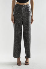 Black Marble PU Wide-Leg High-Waist-Trousers