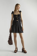 Black Shirred Layered Mini-Skirt