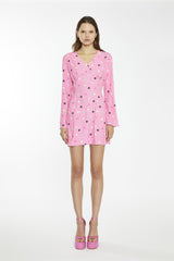 Pink Multi-Flower Fluted Sleeve Mini-Dress