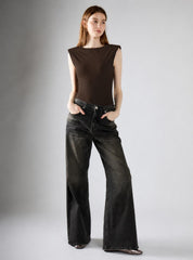 Deep Brown Boat Neck Bodysuit With Shoulder Pads