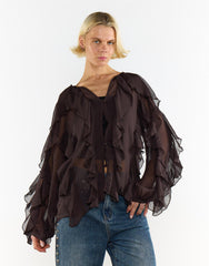 V Neck Ruffle Details Blouse - Deep Brown