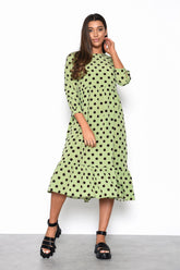 Green Brown Polka Dot Frill Midi Dress