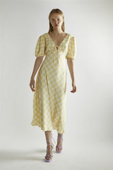 Yellow Ombre-Check A-Line Midi-Dress