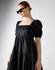 Black Square Neck Puff Sleeve Midi Dress