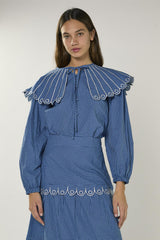 Navy Multi Check Embroidered Collar Long Sleeve Blouse