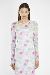 Watercolour-Floral Mesh Long Sleeve Midi-Dress