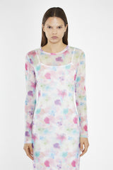 Watercolour-Floral Mesh Long Sleeve Midi-Dress