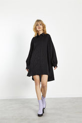 Black Satin-Jacquard Shirt-Dress
