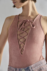Dusty-Pink-Suede Tie-Front- 0-Bodysuit