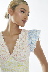 Ditsy Floral Colour Block V-Neck Frill Sleeve Top