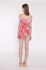 Multi Watercolour Flower Bardot Mini Dress