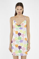 Multi-Flower Mesh Cowl Halterneck Mini-Dress