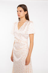 Peach-Pink Daisy Wrap Midi-Dress