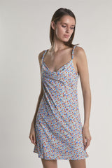 Blue-Red-Ditsy Cowl-Neck Mini-Dress