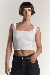 Off-White Ribbed-Sleeveless Crop-Top