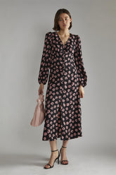 Black-Pink-Splodge Long-Sleeve-Button-Front V-Neck-Blouse