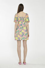 Shift Square Neck Short Dress - Pink Multi 60S Flower