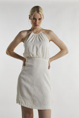 Off White Linen Halter-Neck Mini-Dress