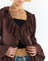 Ruffle Tie Front Top In Brown