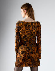 Rust Rose Mesh Long Sleeve Mini Dress