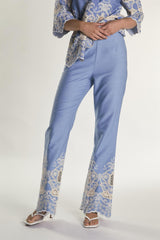 Embroidered Chambray High Waisted Flared Trousers