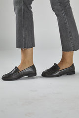 Black PU Fringe Loafer Shoes