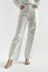 White Silver-Foil High-Waisted Wide-Leg Jeans
