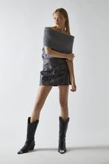 Black-Marble PU Split Mini Skirt