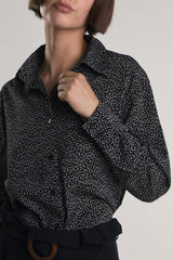 Miniature-Heart-Print Button-Front Long Sleeve-Top