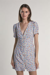 Blue-Red-Ditsy Button-Front Mini-Dress