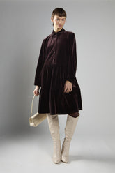 Brown Velvet A-Line Long Sleeve Midi Dress