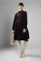 Brown Velvet A-Line Long Sleeve Midi Dress