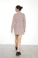 Burgundy Geometric Check Long Sleeve Mini Shirt Dress with Peter Pan Collar