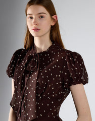 Brown-Cream Spot Tie Neck Midi Dress