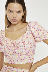 Pink Yellow Bunch Floral Short-Sleeve Tie-Detail Crop-Top